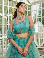 Firozi net with Coding and Zarkan embroidery Semi-Stitched Lehenga choli & Dupatta