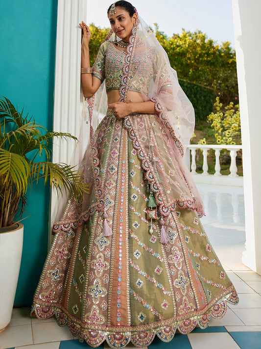 Multi colour Bridel net and Gotapatti and Moti embroidery Semi-Stitched Lehenga choli & Dupatta