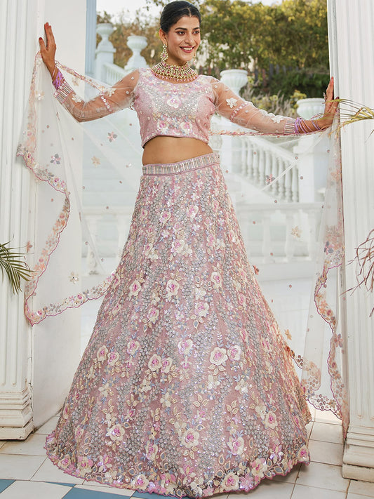 Grey net with Sequinse and Zarkan embroidery Semi-Stitched Lehenga choli & Dupatta