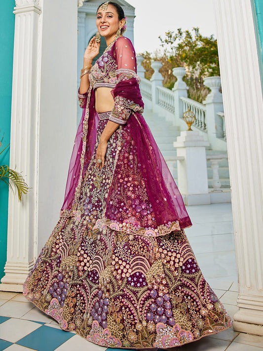 Burgundy net with Coding and Zarkan embroidery Semi-Stitched Lehenga choli & Dupatta