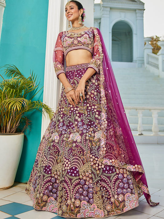 Burgundy net with Coding and Zarkan embroidery Semi-Stitched Lehenga choli & Dupatta