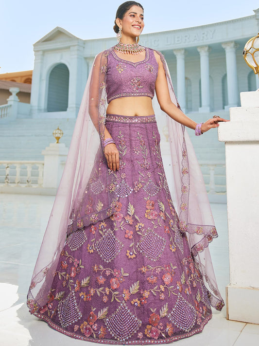 Purple net with Coding and Zarkan embroidery Semi-Stitched Lehenga choli & Dupatta