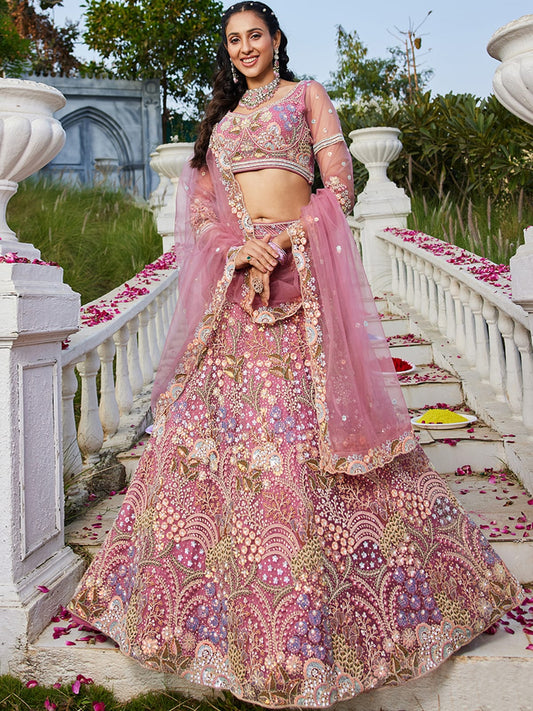 Pink net with Coding and Zarkan embroidery Semi-Stitched Lehenga choli & Dupatta