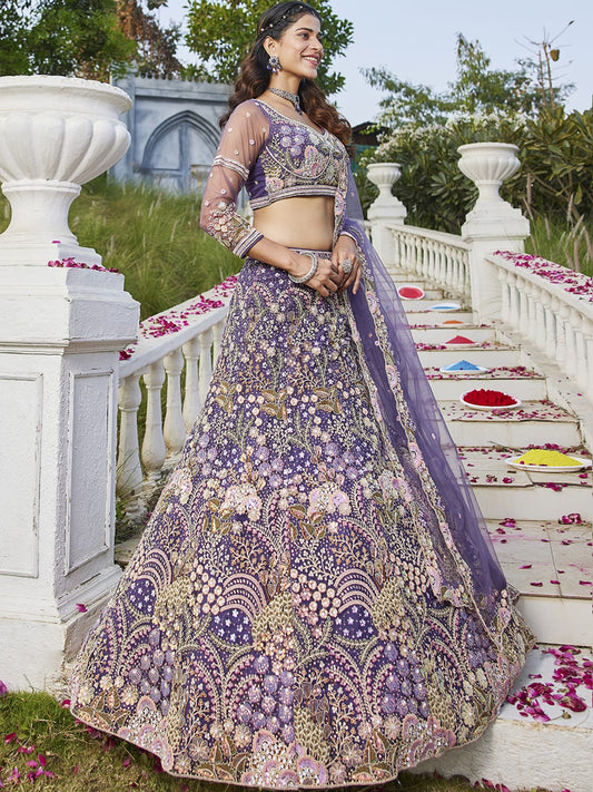 Purple net with Coding & Zarkan embroidery Semi-Stitched Lehenga choli & Dupatta