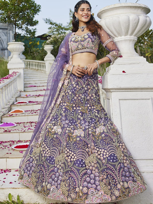 Purple net with Coding & Zarkan embroidery Semi-Stitched Lehenga choli & Dupatta