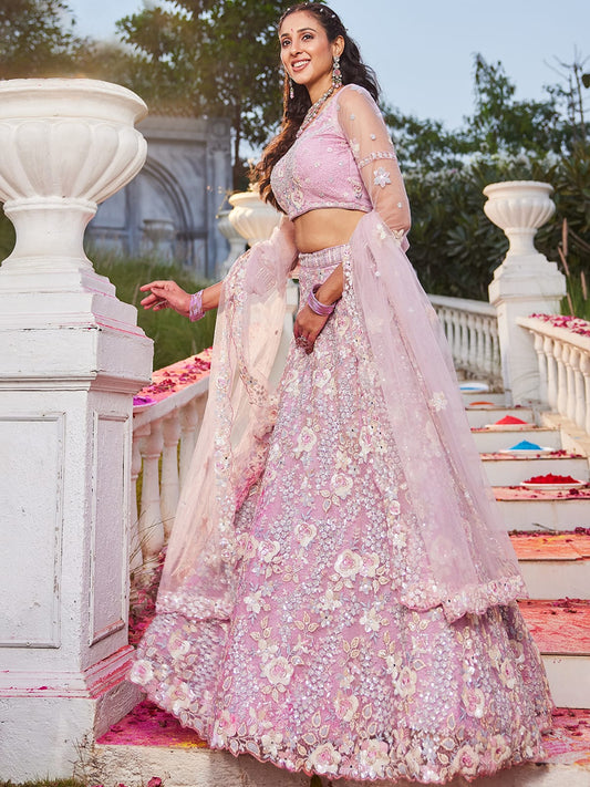 Pink net with Sequinse and Zarkan embroidery Semi-Stitched Lehenga choli & Dupatta