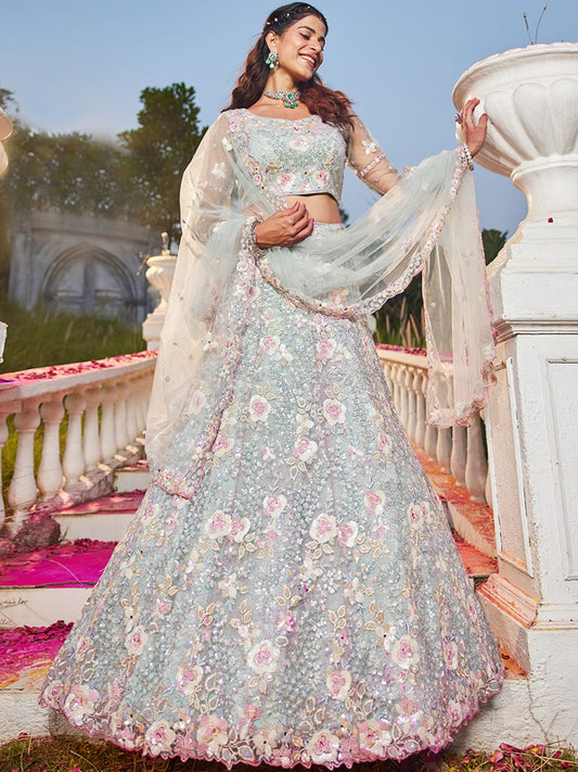 Sea Green net with Sequinse and Zarkan embroidery Semi-Stitched Lehenga choli & Dupatta