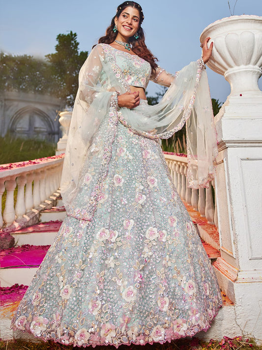 Sea Green net with Sequinse and Zarkan embroidery Semi-Stitched Lehenga choli & Dupatta