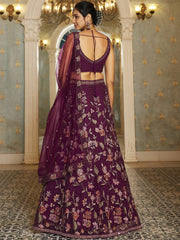 Burgundy net with Coding and Zarkan embroidery Semi-Stitched Lehenga choli & Dupatta