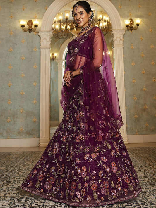 Burgundy net with Coding and Zarkan embroidery Semi-Stitched Lehenga choli & Dupatta