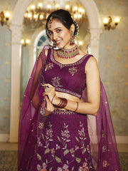 Burgundy net with Coding and Zarkan embroidery Semi-Stitched Lehenga choli & Dupatta