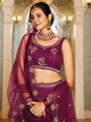 Burgundy net with Coding and Zarkan embroidery Semi-Stitched Lehenga choli & Dupatta