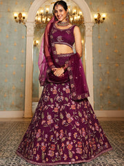 Burgundy net with Coding and Zarkan embroidery Semi-Stitched Lehenga choli & Dupatta