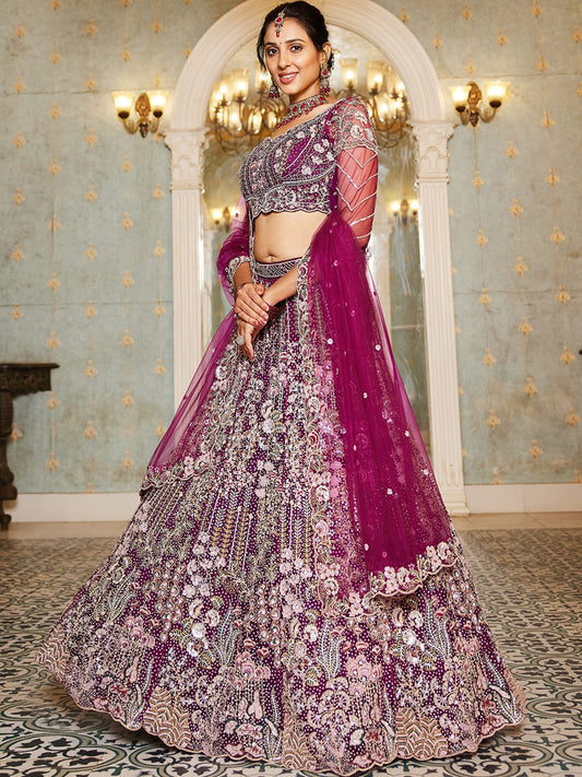 Burgundy net and Coding and Zarkan embroidery Semi-Stitched Lehenga choli & Dupatta