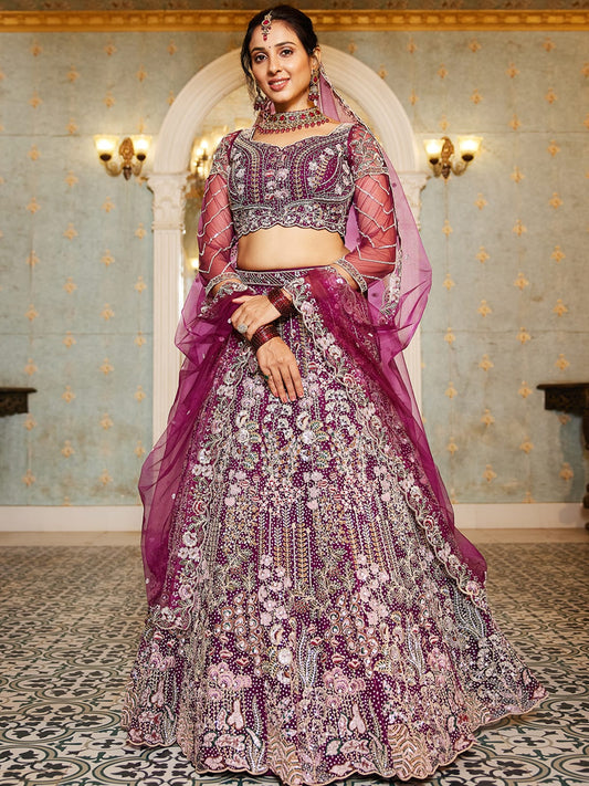 Burgundy net and Coding and Zarkan embroidery Semi-Stitched Lehenga choli & Dupatta