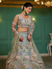 Lime Green net with Coding and Zarkan embroidery Semi-Stitched Lehenga choli & Dupatta