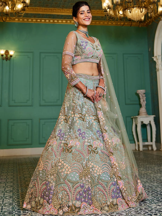 Lime Green net with Coding and Zarkan embroidery Semi-Stitched Lehenga choli & Dupatta