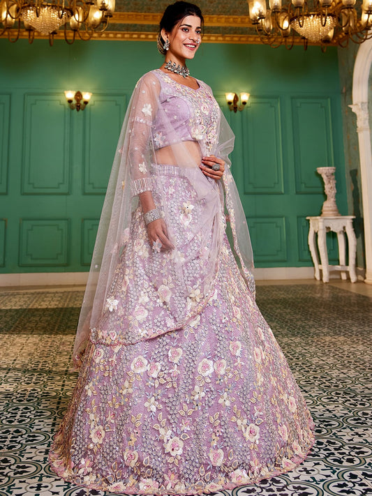 Mauve net with Sequinse and Zarkan embroidery Semi-Stitched Lehenga choli & Dupatta