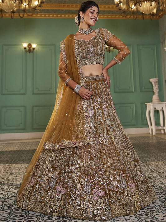 Mustard net and Coding and Zarkan embroidery Semi-Stitched Lehenga choli & Dupatta