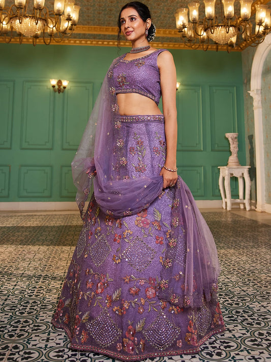 Lavender net with Coding and Zarkan embroidery Semi-Stitched Lehenga choli & Dupatta