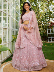 Pink net with Beads and Zarkan embroidery Semi-Stitched Lehenga choli & Dupatta