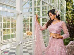 Pink net with Beads and Zarkan embroidery Semi-Stitched Lehenga choli & Dupatta