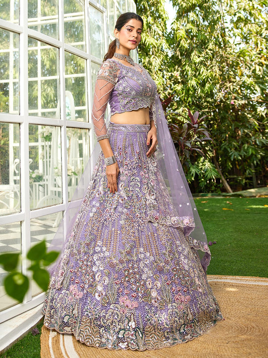 Mauve net and Coding and Zarkan embroidery Semi-Stitched Lehenga choli & Dupatta