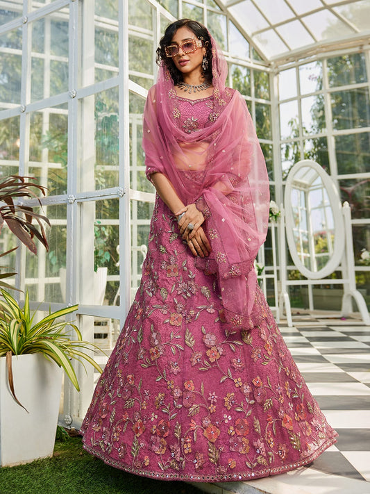 Pink net with Coding and Zarkan embroidery Semi-Stitched Lehenga choli & Dupatta