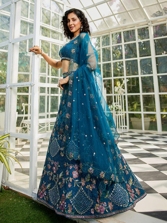 Navy Blue net with Coding and Zarkan embroidery Semi-Stitched Lehenga choli & Dupatta