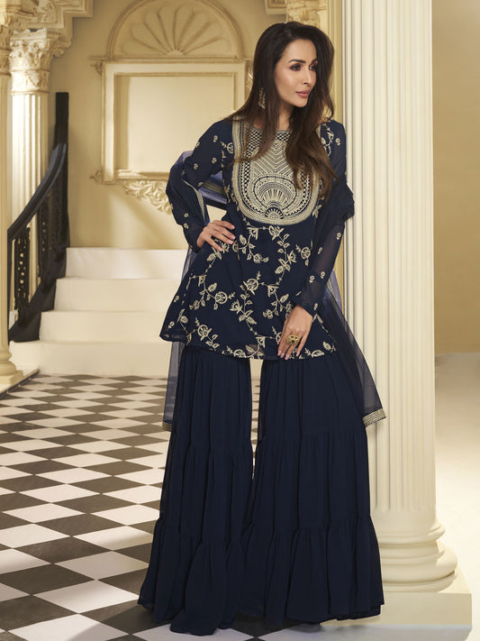 Malaika Arora Women Floral Embroidered Regular Thread Work Kurta with Sharara & With Dupatta