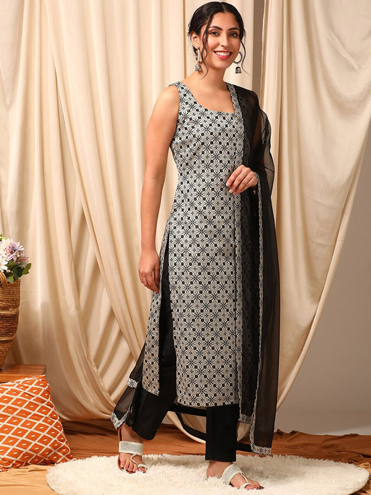 Women Grey Printed Regular Kurta with Trousers & With Dupatta