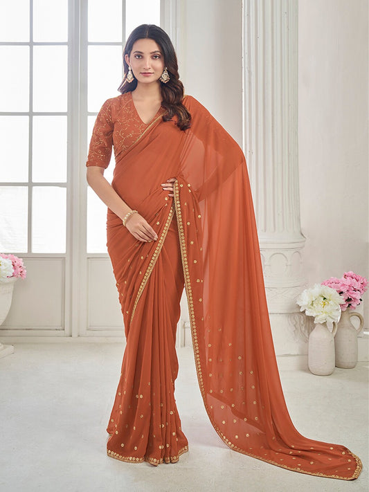 Rust Ethnic Motifs Sequinned Poly Georgette Saree