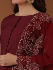 Maroon Floral Zari Embroidered Kurta With Trouser & Dupatta