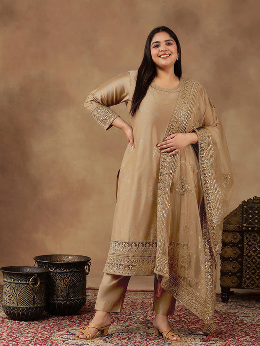 Plus Size Abstract Printed & Embroidered Kurta With Trousers & Dupatta