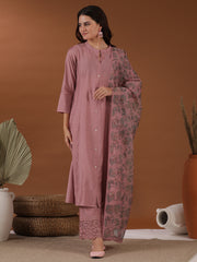 Mandarin Collar A Line Kurta & Trousers With Dupatta