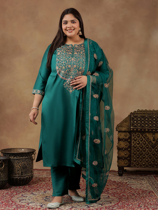 Ethnic Motifs Embroidered Zari Straight Kurta with Trousers & Dupatta