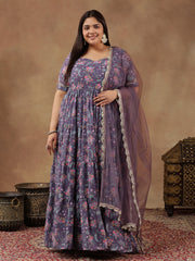 Plus Size Floral Printed Sweetheart Neck Tiered Anarkali Kurta With Dupatta