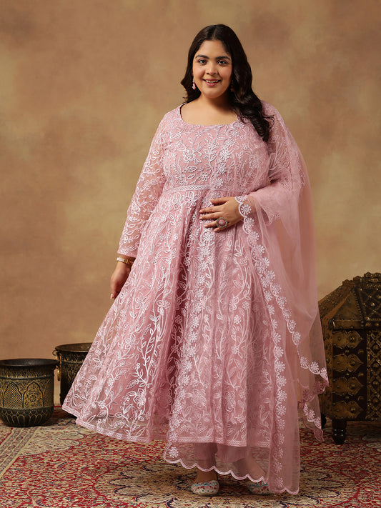 Floral Embroidered Regular Thread Work Anarkali Kurta With Trousers & Dupatta