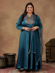 Floral Yoke Design Sequinned Satin Anarkali Kurta with Dupatta