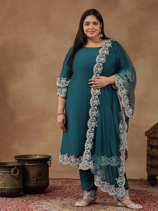 Plus Size Embroidered Thread Work Straight Kurta With Trousers & Dupatta