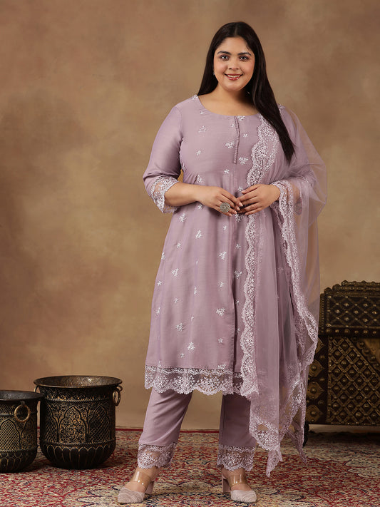 Plus Size Floral Embroidered Thread Work A-Line Kurta With Trousers & Dupatta