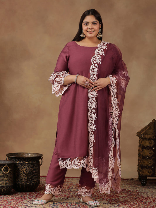 Plus Size Embroidered Thread Work Straight Kurta With Trousers & Dupatta