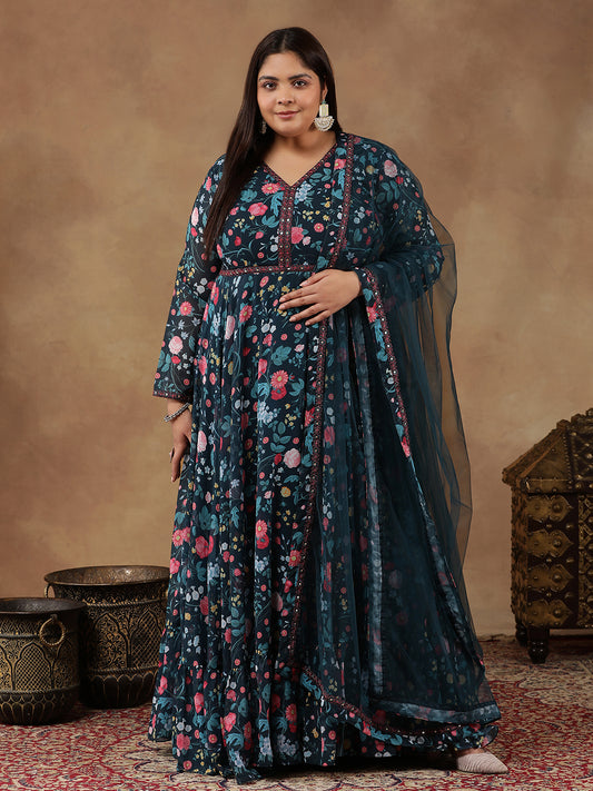 Plus Size Floral Printed Long Sleeves Georgette Anarkali Kurta With Dupatta