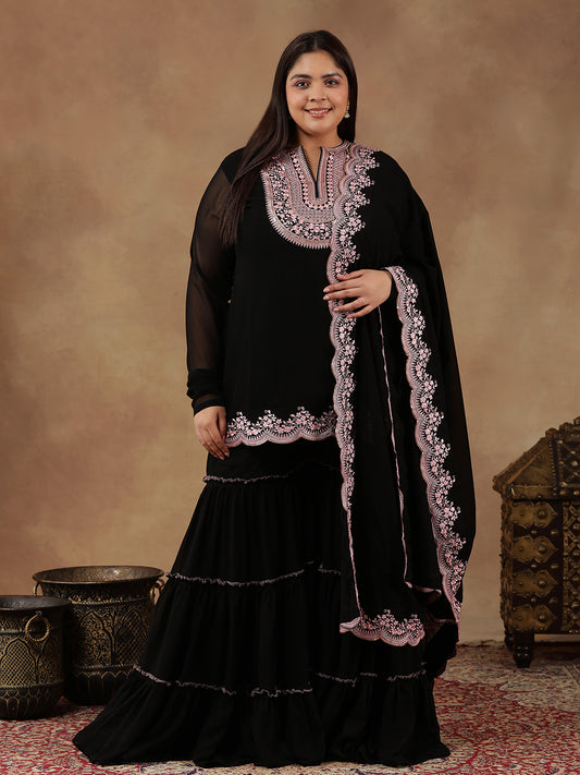 Plus Size Floral Embroidered Thread Work Kurta With Sharara & Dupatta