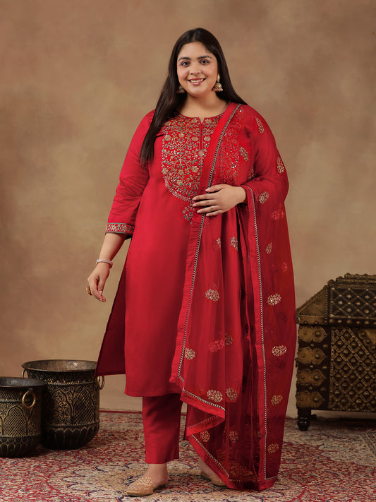 Floral Embroidered Zari Straight Kurta with Trousers & Dupatta