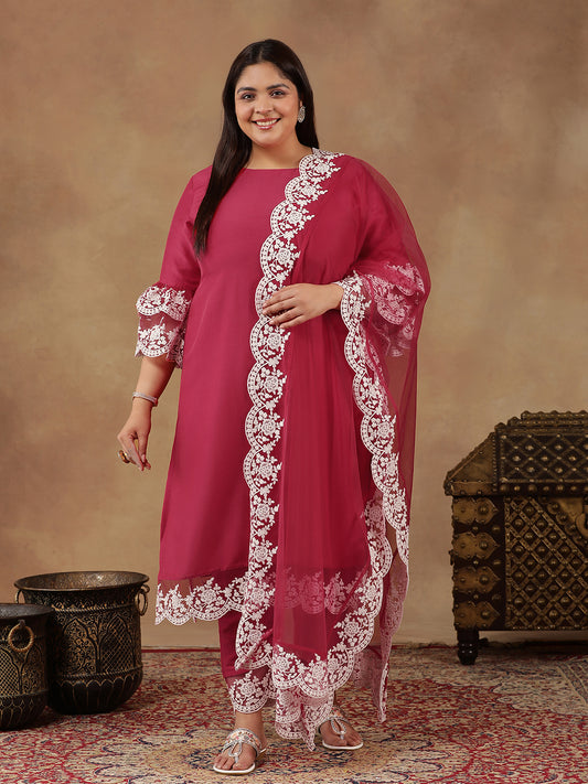 Plus Size Embroidered Thread Work Straight Kurta With Trousers & Dupatta