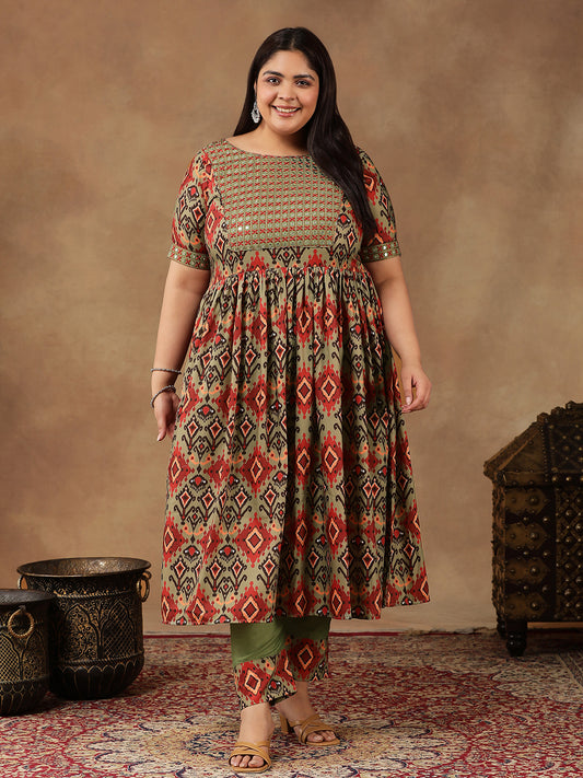 Women Ethnic Motifs Printed Pleated Sequinned Kurta with Trousers