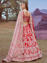 Red Pure silk Moti, Sequins embroidery Semi-Stitched Bridel Lehenga choli & Dupatta