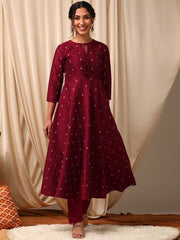 Maroon Ethnic Motifs Printed Tie-Up Neck Anarkali Kurta