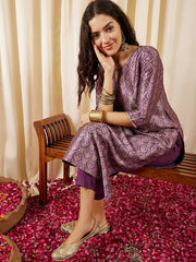 Mauve Ethnic Motifs Printed Regular Brocade Kurta with Trousers